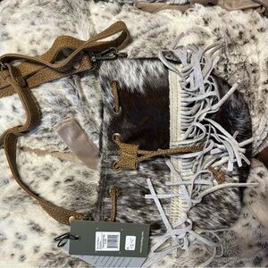 Myra Black with White Fringe Crossbody Bag Purse Cowhide